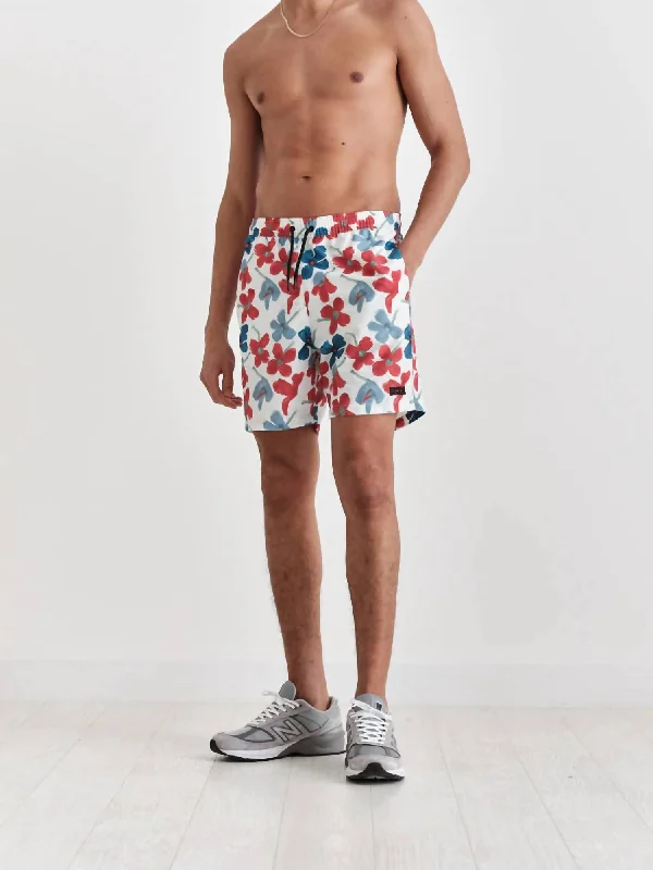 Noden Swim Short In Red Blue Floral Seersucker