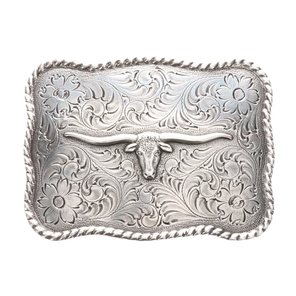 Rectangular Longhorn Steer Head Floral Engraved Belt Buckle - Antique Silver