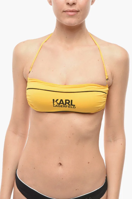 Karl Lagerfeld Solid Color Bandeau Bikini Top with Printed Contrasting Logo