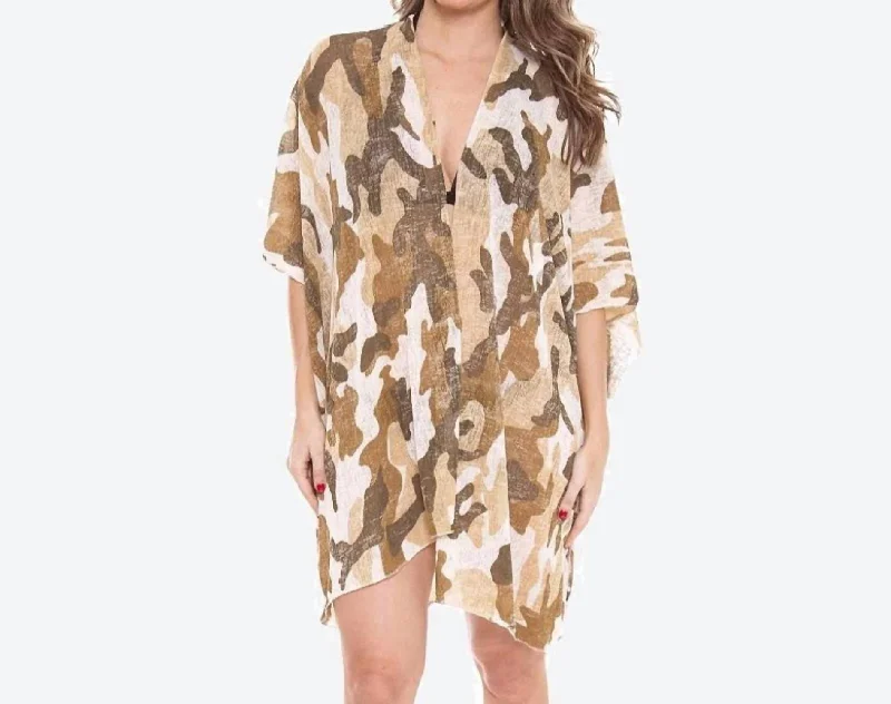 Lightweight Camouflage Print Kimono In Camel Tan