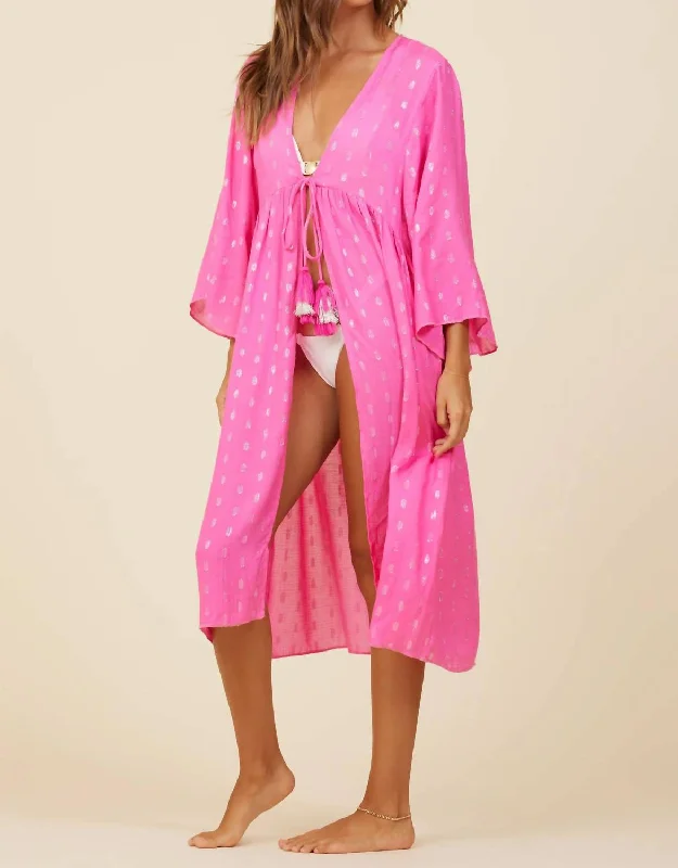 Clipped Metallic Kimono In Hot Pink